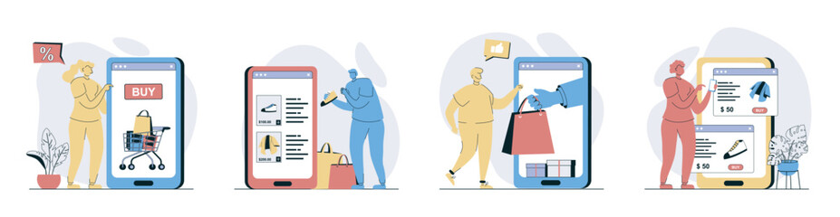 Mobile commerce concept set in flat design for web. Collection with people choosing in assortment and making online shopping at sales, ordering products, paying online in apps. Vector illustrations.