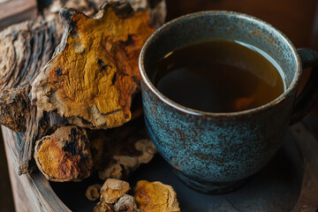 Chaga Mushroom Tea in a ceramic Cup on a Wooden Background