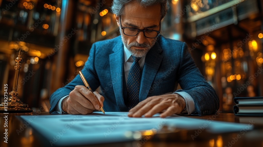 Poster man signing documents in a sophisticated office setting.