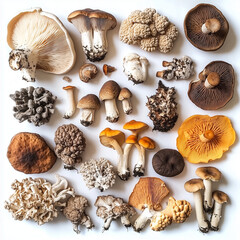 Overhead view of different varieties of mushroom and fungi illustration. Mushrooms Supplements and Healthy Mixes