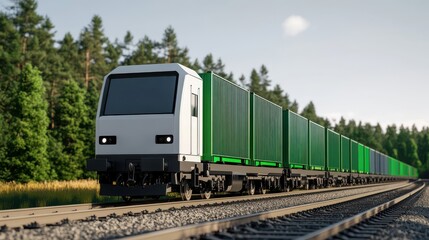 Obraz premium Modern freight train transporting green containers on railway tracks surrounded by lush trees under a clear sky, showcasing efficient and eco-friendly transportation solutions