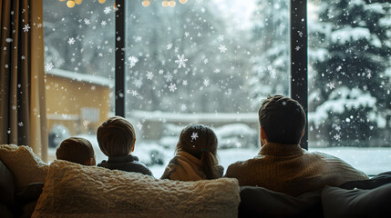 A family gathered in a spacious living room sitting on the couch and watching the large snowflakes drift down outside through the wide window.