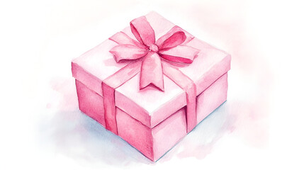 Watercolor pink gift box with pink ribbons bow. Realistic hand drawn watercolor illustration on white background. Art for design