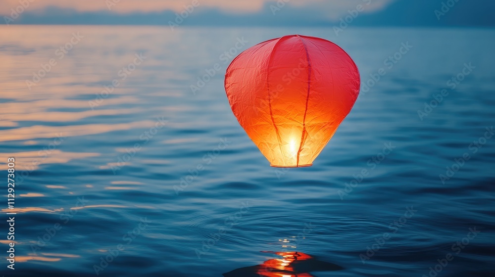 Aufkleber glowing red lantern floating on water at dusk, creating a peaceful atmosphere with gentle ripples un