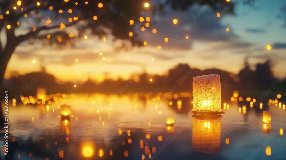 Poster ethereal evening setting with glowing lanterns reflecting on water surface under sunset sky, creatin