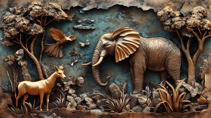 Obraz premium Bronze Wildlife Scene: Elephant, Antelope, Bird, and Butterflies in Relief