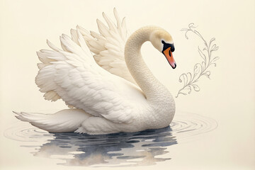 Elegant swan swimming gracefully on water with decorative elements in a serene setting with copy space