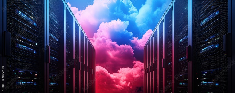 Poster towering servers surrounded by stylized clouds modern artistic representation of data storage cloud 