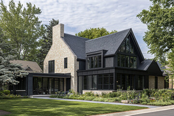 Obraz premium An elegant, two-story modern farmhouse with dark windows and a black roof stands on a street lined with lush, green trees and a well-manicured lawn. The house is made up of stone walls.