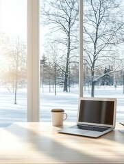 A sleek laptop in a modern office with snowy city views, perfect for winter-themed mockups and professional content