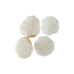 Raw sliced daikon radish path isolated on white Background