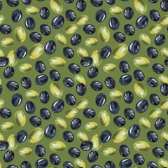 Green and black olive berries,seamless pattern. Hand drawn watercolor illustration. Seamless pattern for design