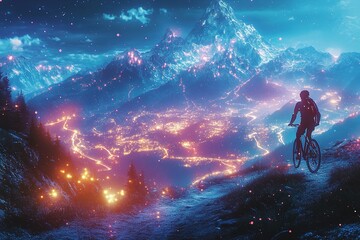 Fototapeta premium Cyclist overlooking luminous mountain city at night