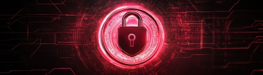 Futuristic digital lock symbol with red glowing effect on dark background.