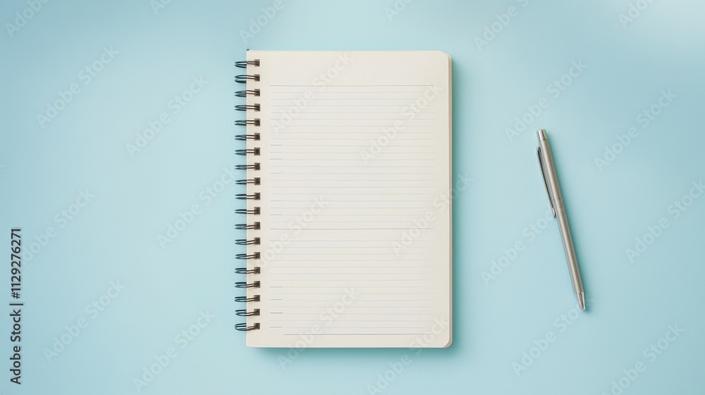 Poster blank notebook with spiral binding and silver pen on a soft blue background for creative writing and