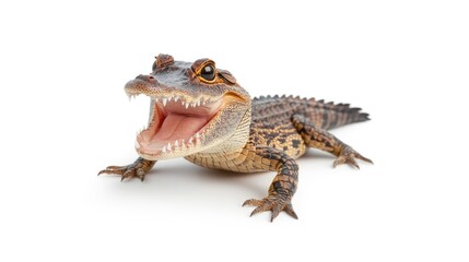 Fototapeta premium A crocodile is shown with its mouth wide open, revealing sharp teeth and detailed textures on its skin. The isolated, clean background emphasizes its fierce expression and unique characteristics