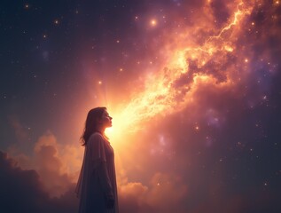 Obraz premium A powerful figure stands under a vast starry sky, galaxies in gold, purple and magenta