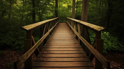 Fototapeta premium A serene wooden bridge leads through lush greenery in a tranquil forest setting.