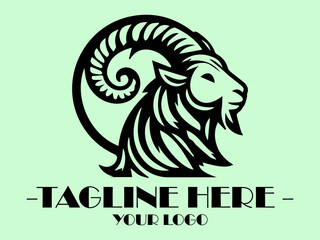 Black goat head profile on light green background. Perfect for farm or Halloween themed designs, logo for a dairy company