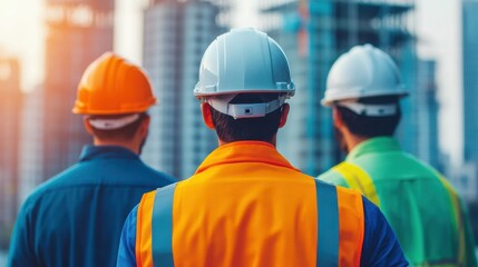 Construction Workers Observing Development Site Progress with Safety Gear in Urban Environment as Sunlight Illuminates Building Frameworks in Background