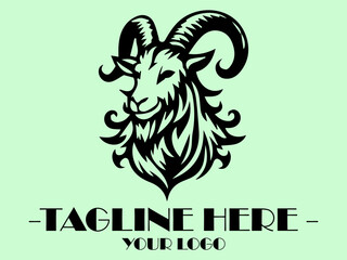 Black goat head profile on light green background. Perfect for farm or Halloween themed designs, logo for a dairy company