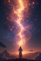 Fototapeta premium A powerful figure stands under a vast starry sky, galaxies in gold, purple and magenta