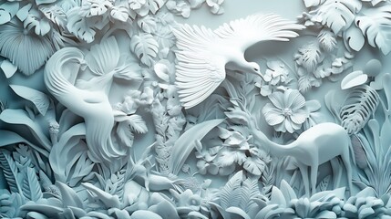 Serene White Avian and Fauna Bas-Relief in Tropical Foliage