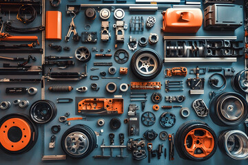 Fototapeta premium Array of diverse car components neatly organized in a workshop setting, AI Generated