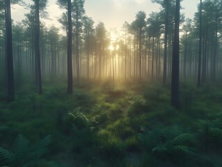 Fototapeta premium Sunrise Illuminates Misty Pine Forest Path