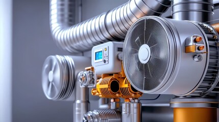 HVAC system concept. Close-up view of industrial pipes and machinery showcasing modern engineering and technology in mechanics.
