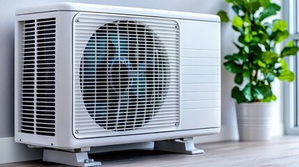 HVAC system concept. Modern air conditioning unit placed near green plant, enhancing indoor comfort and aesthetic appeal.