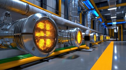 Fototapeta premium HVAC system concept. Close-up view of industrial pipes and lights showcasing a modern factory environment.