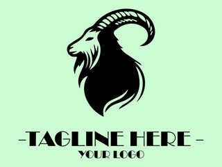 Black goat head profile on light green background. Perfect for farm or Halloween themed designs, logo for a dairy company