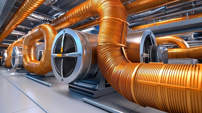 HVAC system concept. Close-up of industrial ventilation system with copper pipes and large fans in a modern facility.