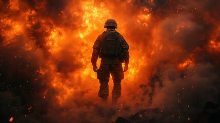 Soldier standing amidst fiery explosion and smoke.