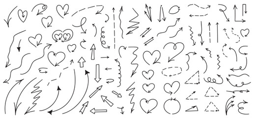 Hand drawn arrows and squiggles in different directions, creative shapes. Vector. Vector illustration