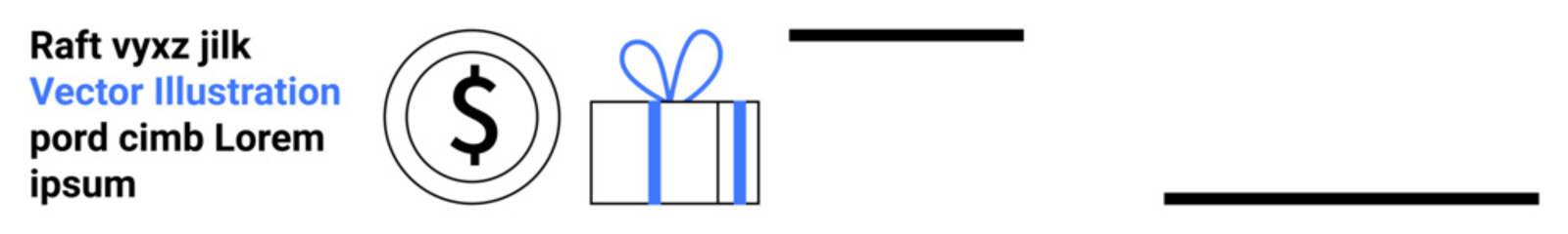 Text with emphasis in blue and black, dollar coin icon, gift box with blue bow on white background. Ideal for finance, business, marketing, holiday promotions, shopping themes web design. Landing