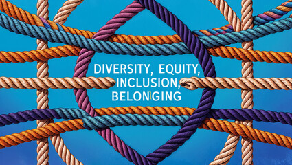 A vibrant, colorful illustration of intertwined ropes, each rope representing a unique aspect of diversity, equity, and inclusion, forming a harmonious whole, symbolizing the unity and strength that a