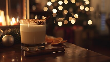 A glass of eggnog with a cinnamon stick resting on a Christmas table