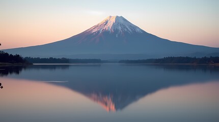 Calm waters of a lake near a volcanic mountain in the morning light
