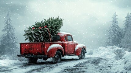 A distorted vehicle carrying a Christmas tree in a wintry setting 
