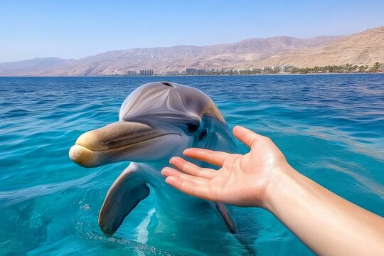 A close-up of a tourist hand feeding a dolphin at Eilat Dolphin Reef, with the sea sparkling in the background