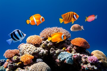 Fototapeta premium Sunlight that sustains life beneath the waves. Sunlight filtering through the water onto the tropical coral reef. Conservation of ecosystems and the environment.