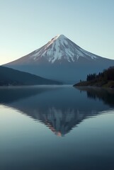 Calm waters of a lake near a volcanic mountain in the morning light