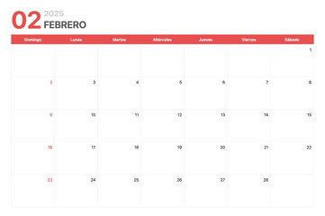 Calendario 2025. La semana del calendario 2025 empieza el domingo. Calendario corporativo minimalista limpio para Febrero 2025