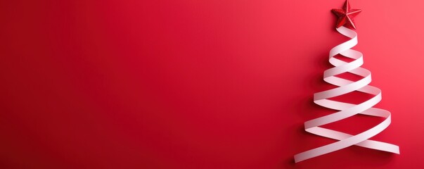 Minimalist Christmas tree made of white ribbon with a red star on top, perfect for modern holiday-themed designs and cards