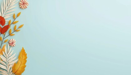 Minimalist design featuring colorful fall leaves on teal, a perfect blend of seasonal warmth and modern style