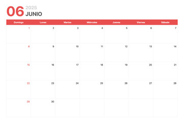 Calendario 2025. La semana del calendario 2025 empieza el domingo. Calendario corporativo minimalista limpio para Junio 2025