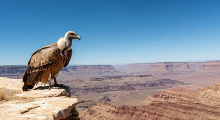Majestic vulture observing vast canyon landscape under clear blue sky