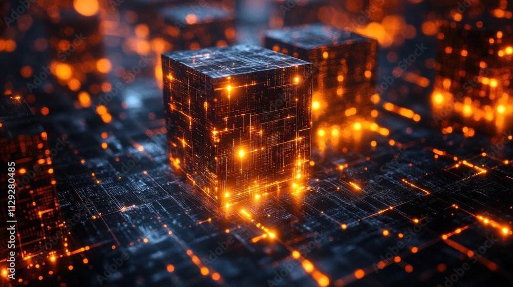 Poster abstract digital cubes with glowing lights in a grid.
